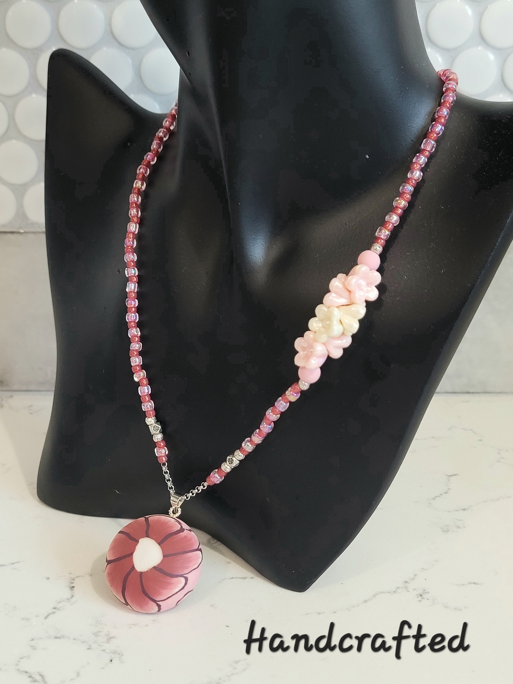 Hand Crafted Kids' Pink Floral Pendant Beaded Necklace - Picture 3 of 8